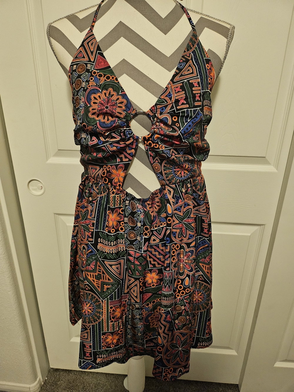 SHEIN Multicolor Halter Cutout Mini Dress in Black, Orange, Blue